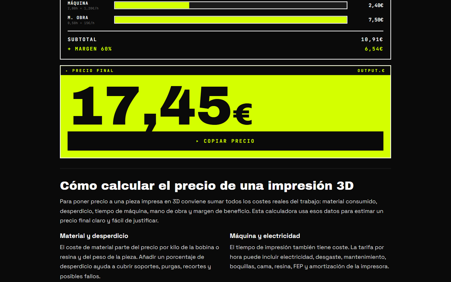Desglose de costes de 3D Calculador con el precio final calculado