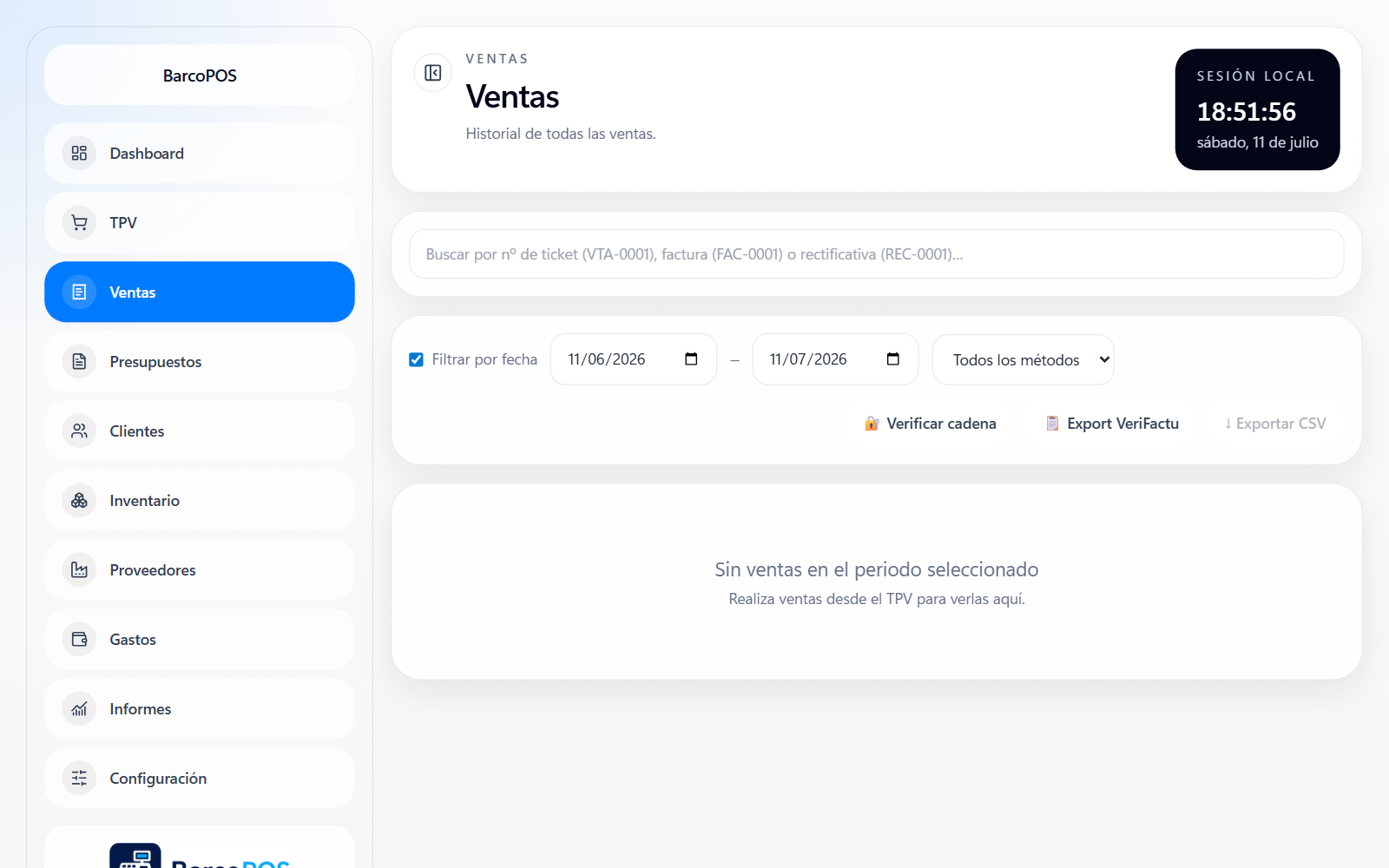 Modulo de Ventas de BarcoPOS con verificacion de cadena VeriFactu y exportacion