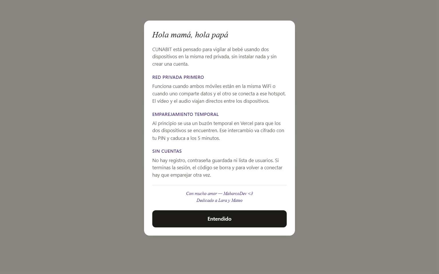 Modal de seguridad de Cunabit explicando red privada, emparejamiento temporal y ausencia de cuentas